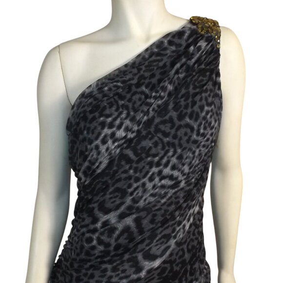 TADASHI SHOJI Evening Dress, XL, Grey Animal Print, Jeweled One Shoulder, Ruched - Picture 3 of 15